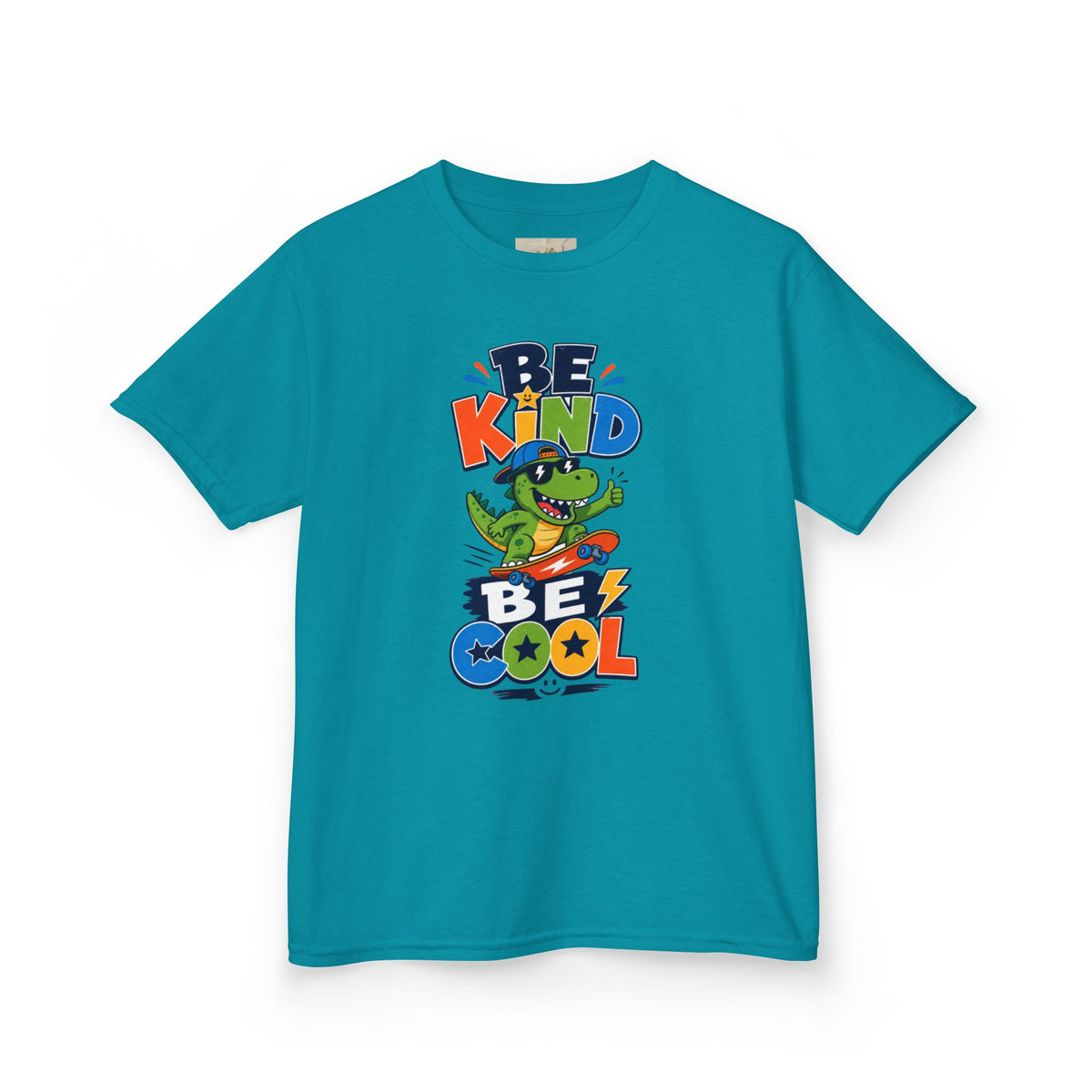Kids Tee — "Be Kind, Be Cool" Dinosaur Graphic with "Shine Bright" Back