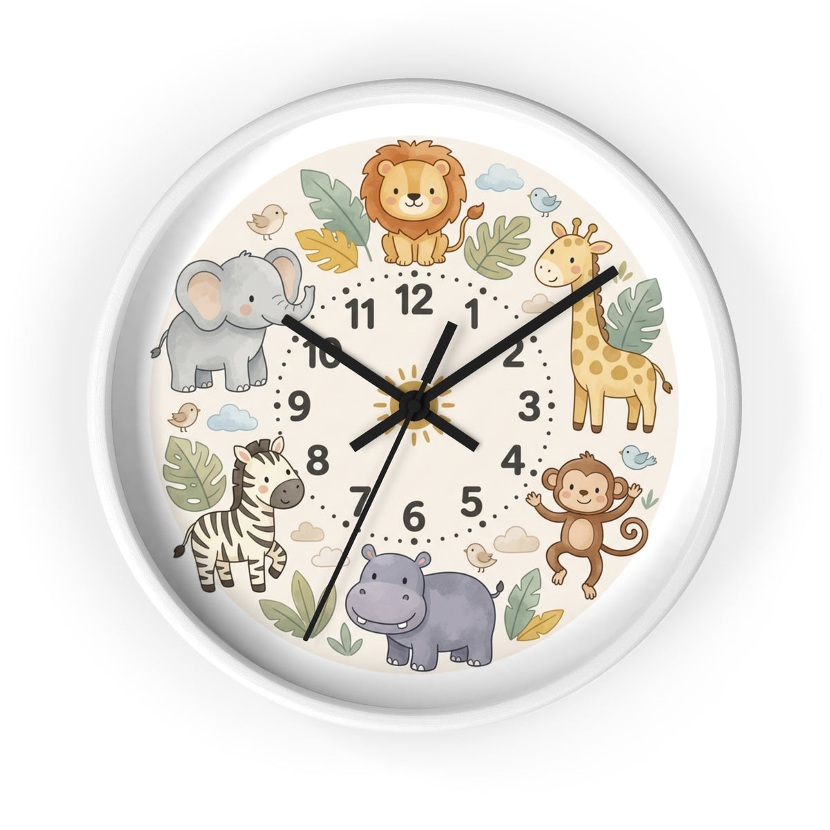 Safari Friends Nursery Wall Clock — Cute Jungle Animal Kids Clock