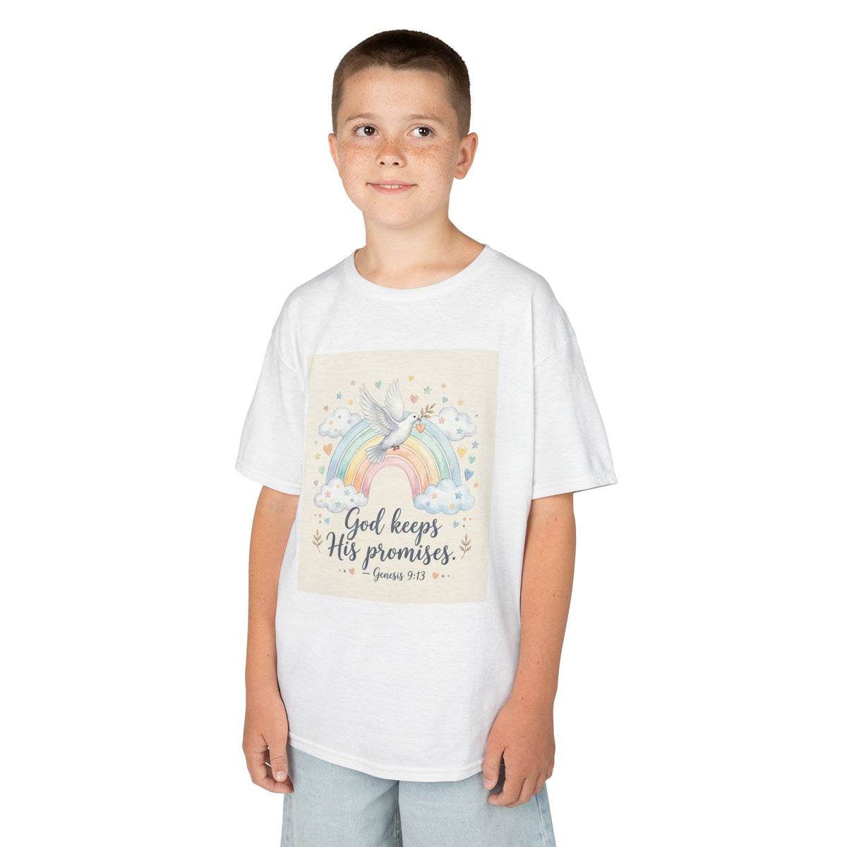 Christian Kids T-Shirt — "God Keeps His Promises" Rainbow Dove Tee | Psalm 145:13