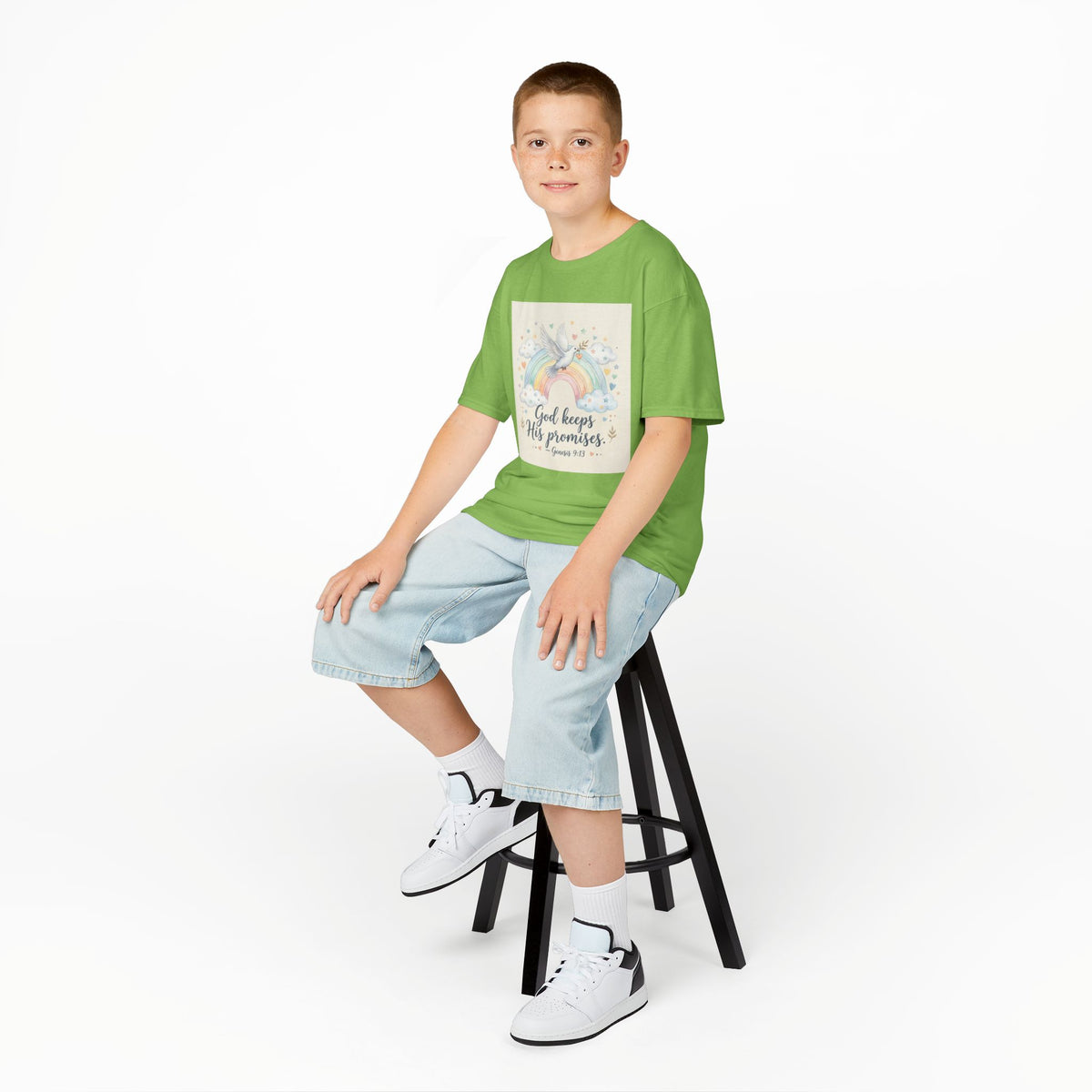 Christian Kids T-Shirt — "God Keeps His Promises" Rainbow Dove Tee | Psalm 145:13