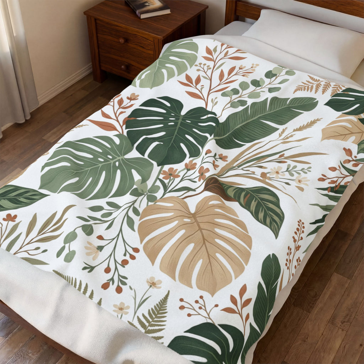 Botanical Monstera Velveteen Plush Blanket – Tropical Leaf Throw for Cozy Home Décor