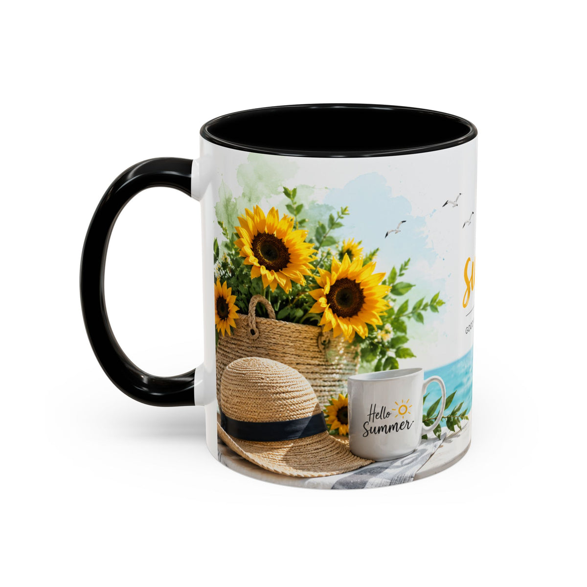 Hello Summer Accent Coffee Mug — Beach Vibes Lemon Palm Coastal Ceramic Mug (11/15oz)