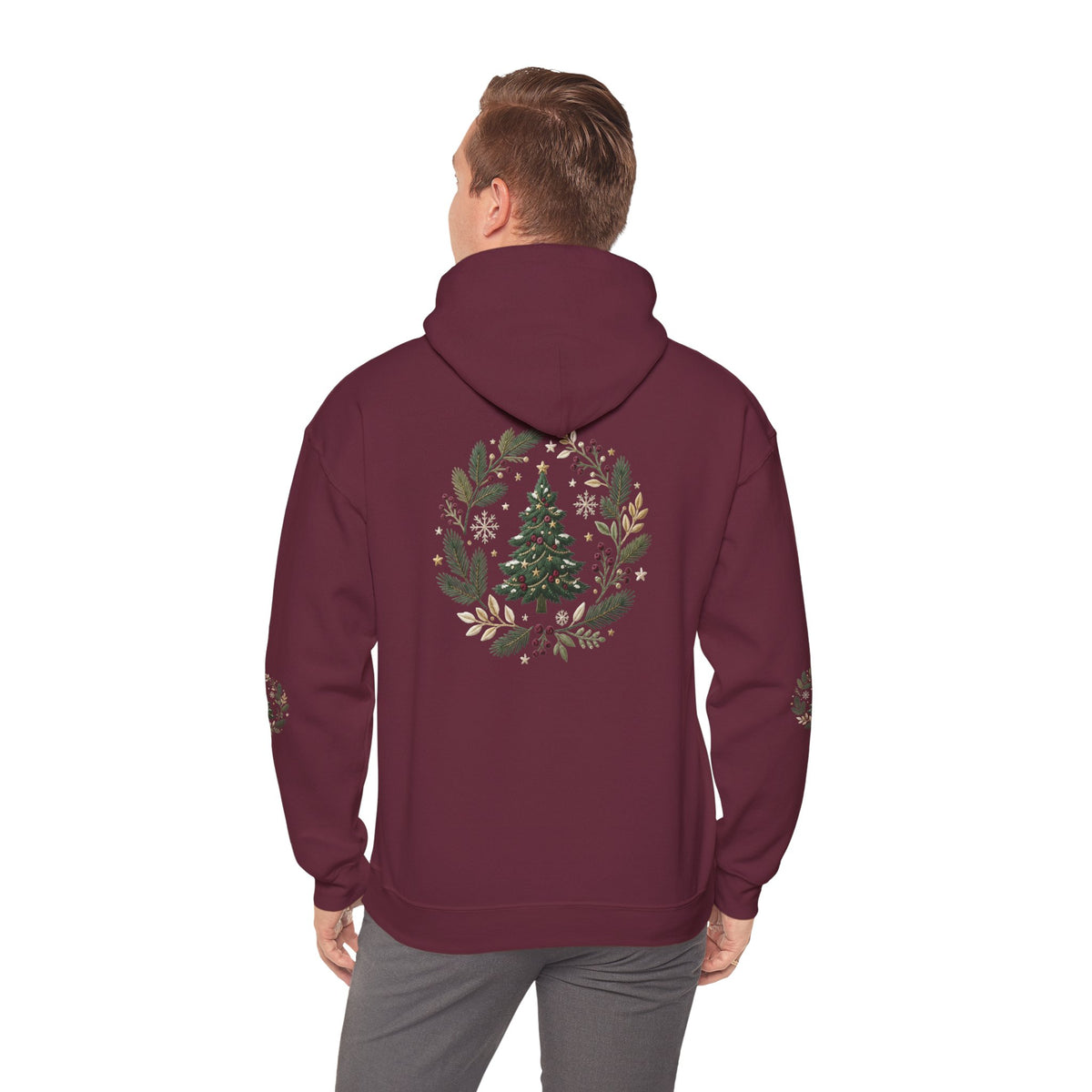 Christmas Tree Wreath Hoodie — Festive Botanical Sweatshirt, 50/50 Cotton-Poly, Unisex