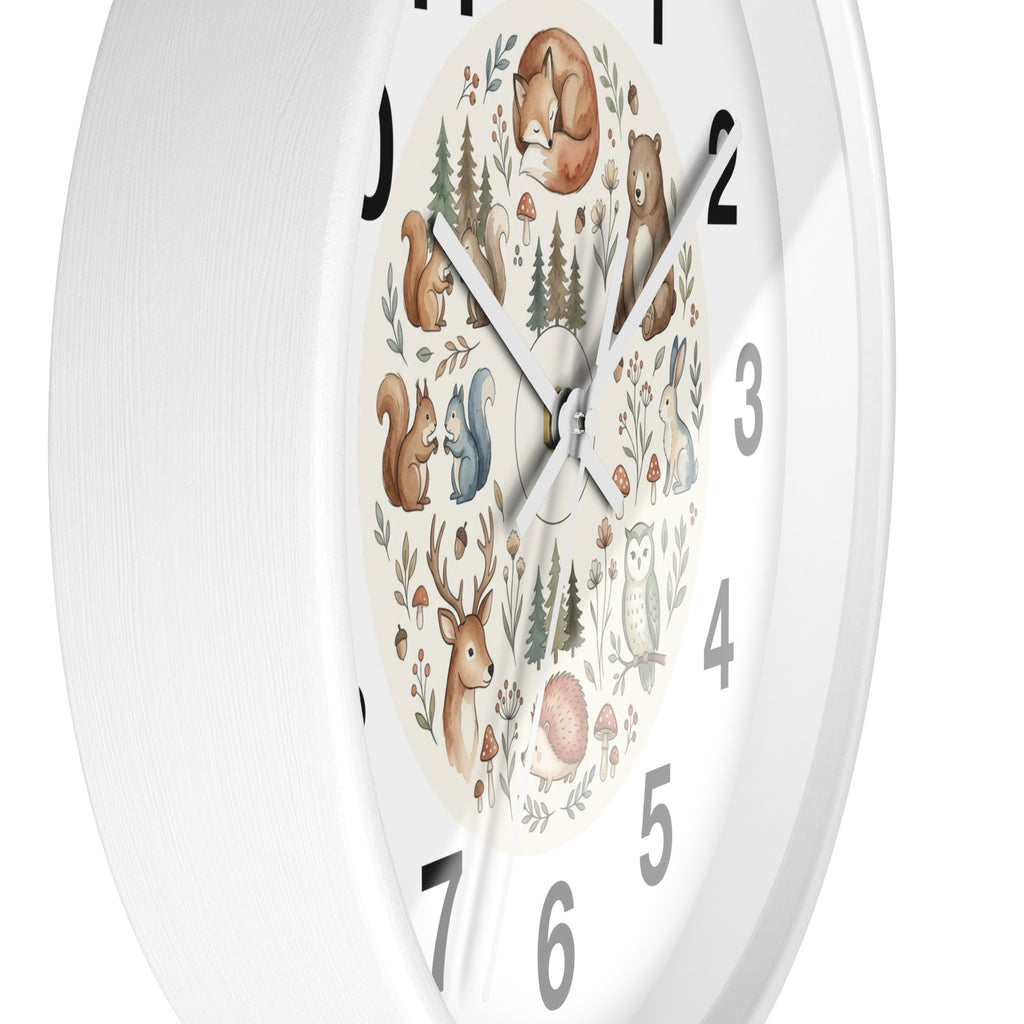 Woodland Animals Wall Clock — Cute Forest Nursery Clock with Fox, Deer, Owl & Squirrel