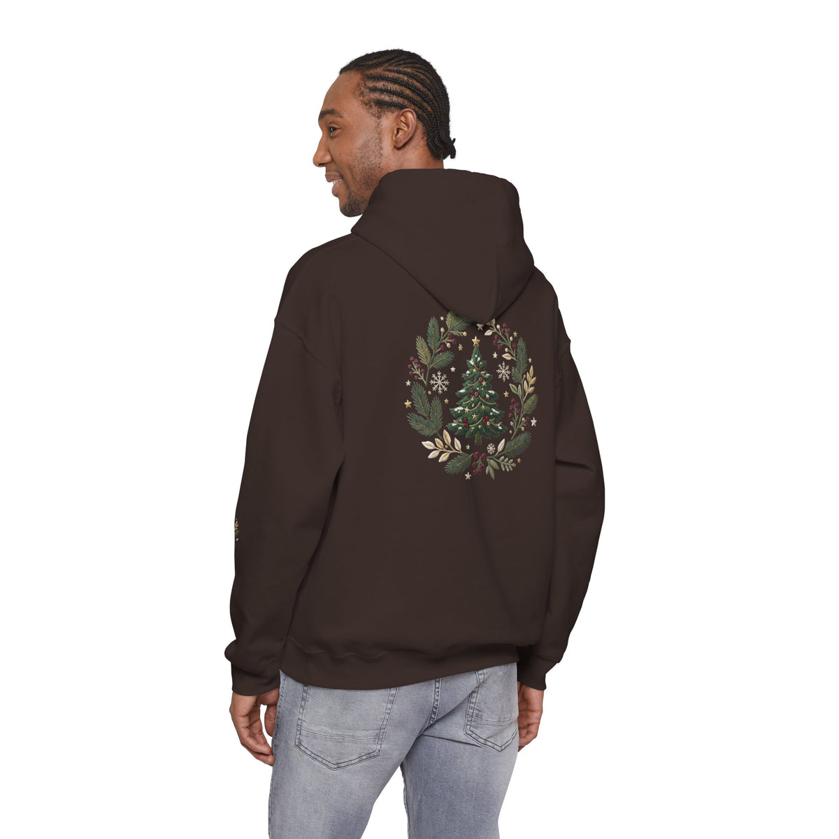 Christmas Tree Wreath Hoodie — Festive Botanical Sweatshirt, 50/50 Cotton-Poly, Unisex