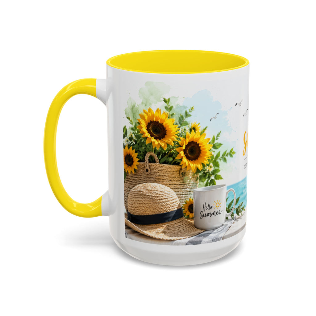 Hello Summer Accent Coffee Mug — Beach Vibes Lemon Palm Coastal Ceramic Mug (11/15oz)
