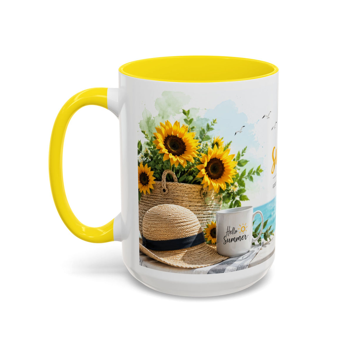 Hello Summer Accent Coffee Mug — Beach Vibes Lemon Palm Coastal Ceramic Mug (11/15oz)