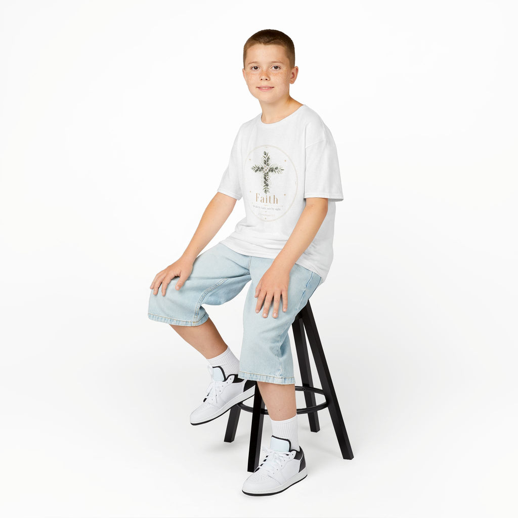 Kids Tee — Floral Cross “Faith” Christian Shirt for Children (Easter, Baptism, Church)