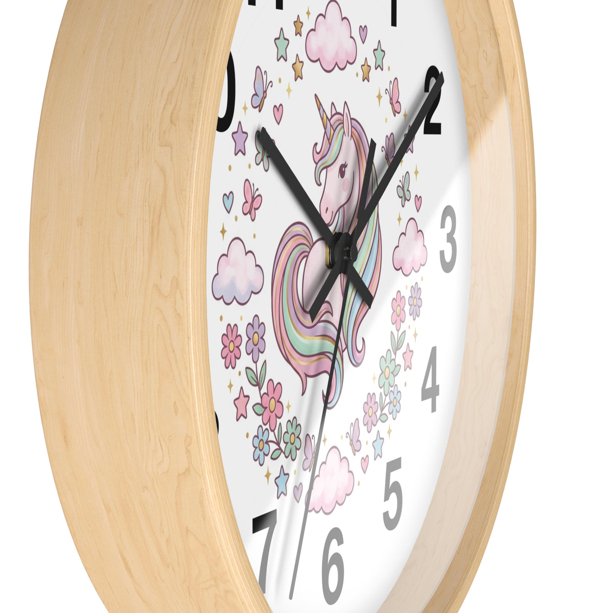 Unicorn Wall Clock — Pastel Rainbow Kids Room Clock with Clouds & Flowers