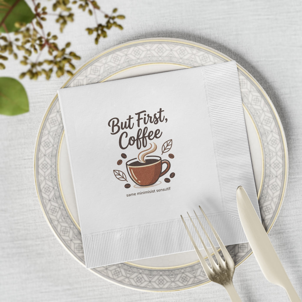 But First Coffee Napkins — Paper Cocktail Napkins with Coffee Cup Design