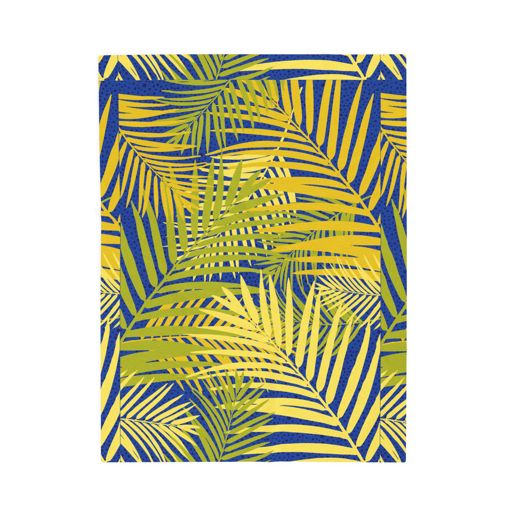 Tropical Palm Velveteen Plush Blanket — Blue & Yellow Leaf Throw