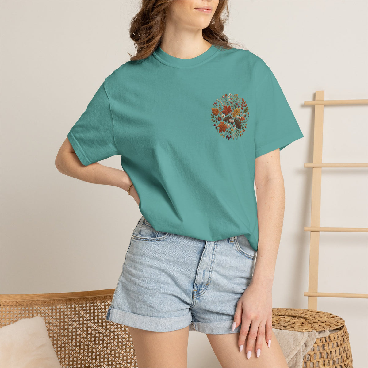 T-Shirt — Autumn Floral Wreath Tee (Fall Leaves Chest & Back Print)