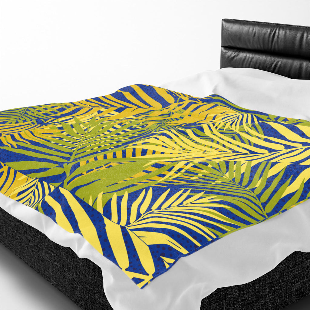 Tropical Palm Velveteen Plush Blanket — Blue & Yellow Leaf Throw