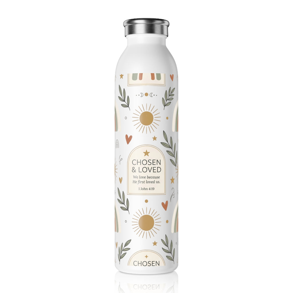 Slim Water Bottle — “Chosen & Loved” Inspirational Stainless Bottle with Rainbows & Sun Motif