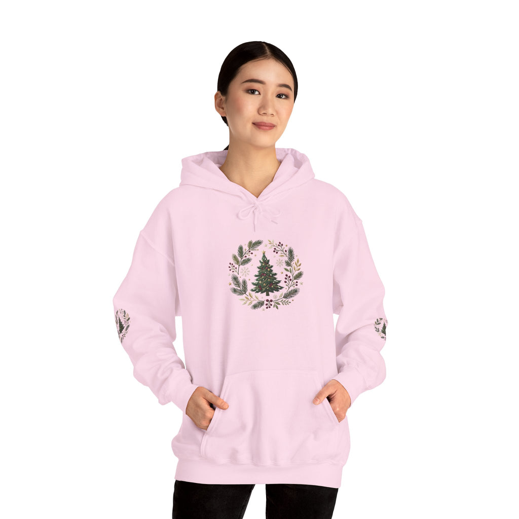 Christmas Tree Wreath Hoodie — Festive Botanical Sweatshirt, 50/50 Cotton-Poly, Unisex