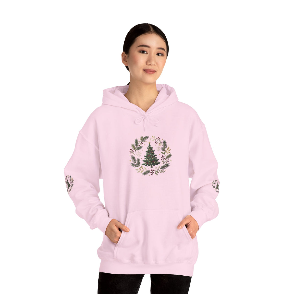 Christmas Tree Wreath Hoodie — Festive Botanical Sweatshirt, 50/50 Cotton-Poly, Unisex