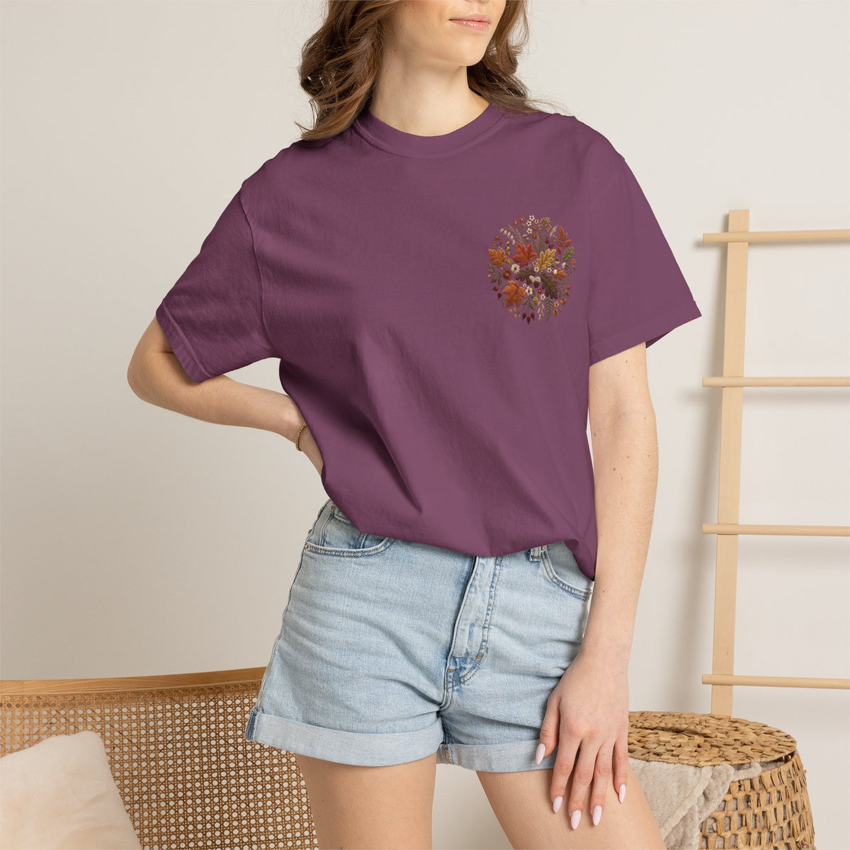 T-Shirt — Autumn Floral Wreath Tee (Fall Leaves Chest & Back Print)