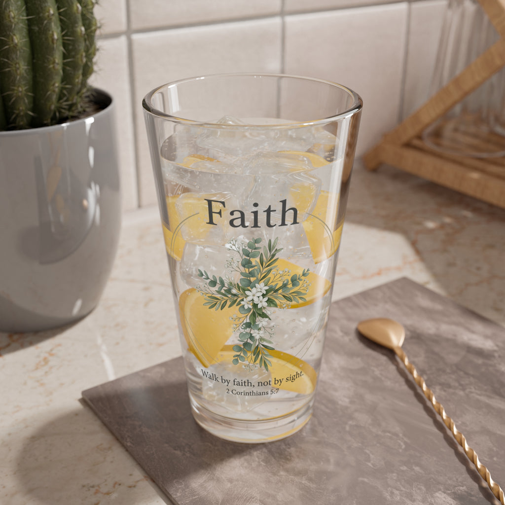 Faith 16oz Mixing Glass — Floral Christian Barware, "Walk by Faith, Not by Sight"
