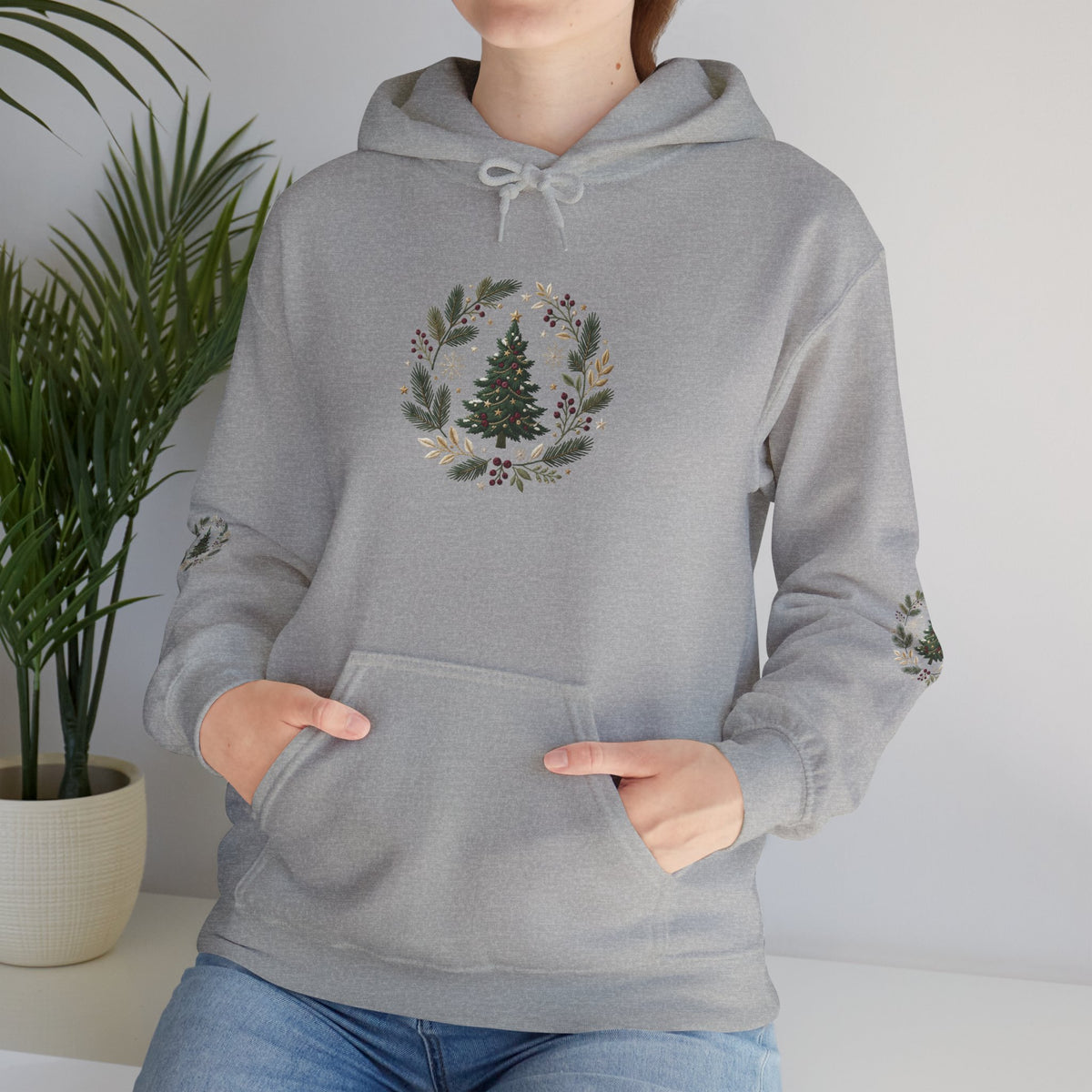 Christmas Tree Wreath Hoodie — Festive Botanical Sweatshirt, 50/50 Cotton-Poly, Unisex