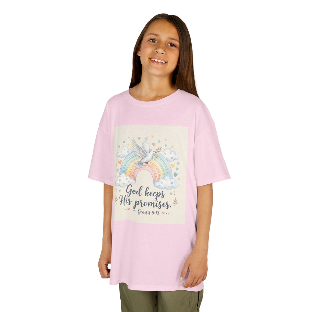 Christian Kids T-Shirt — "God Keeps His Promises" Rainbow Dove Tee | Psalm 145:13
