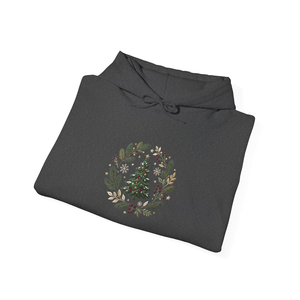Christmas Tree Wreath Hoodie — Festive Botanical Sweatshirt, 50/50 Cotton-Poly, Unisex