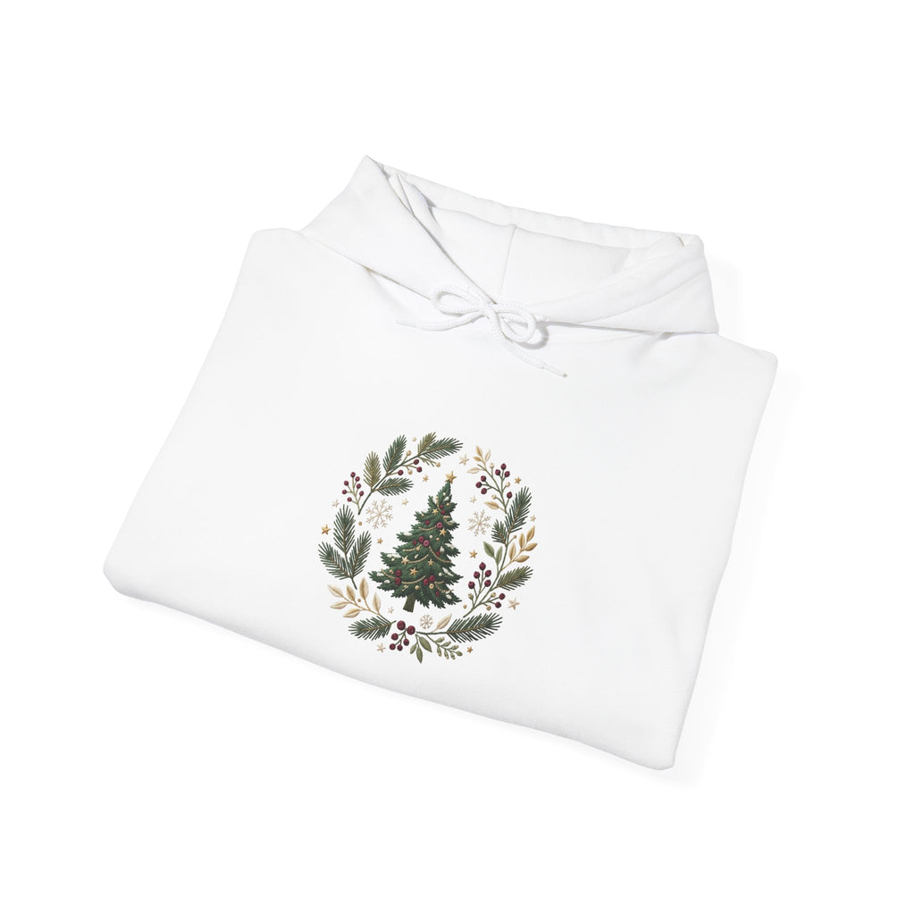 Christmas Tree Wreath Hoodie — Festive Botanical Sweatshirt, 50/50 Cotton-Poly, Unisex