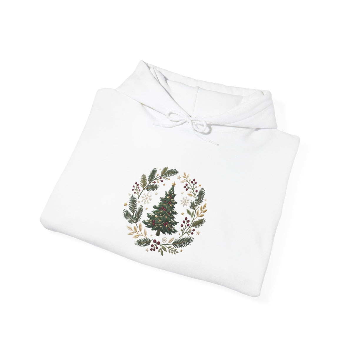 Christmas Tree Wreath Hoodie — Festive Botanical Sweatshirt, 50/50 Cotton-Poly, Unisex