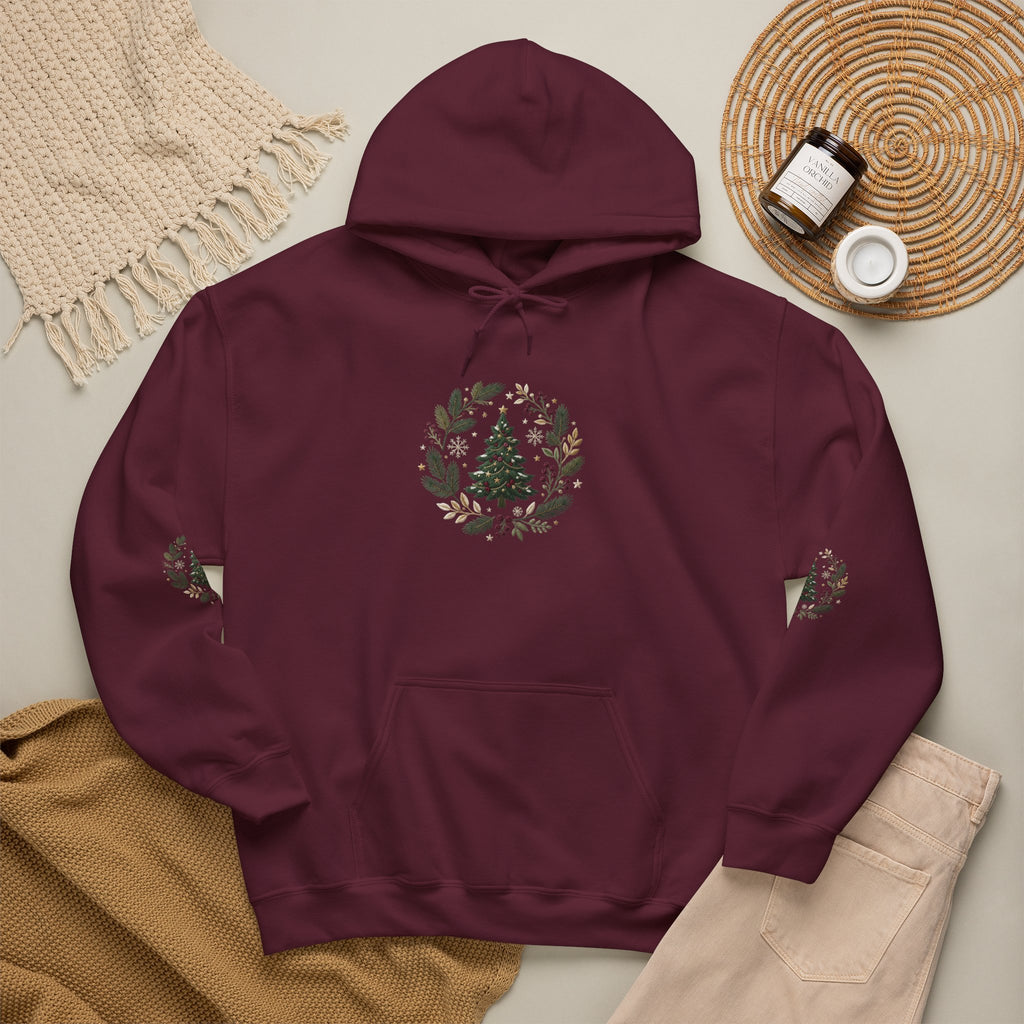 Christmas Tree Wreath Hoodie — Festive Botanical Sweatshirt, 50/50 Cotton-Poly, Unisex