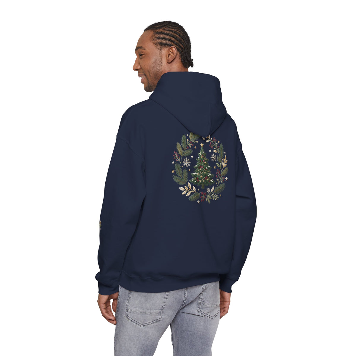 Christmas Tree Wreath Hoodie — Festive Botanical Sweatshirt, 50/50 Cotton-Poly, Unisex