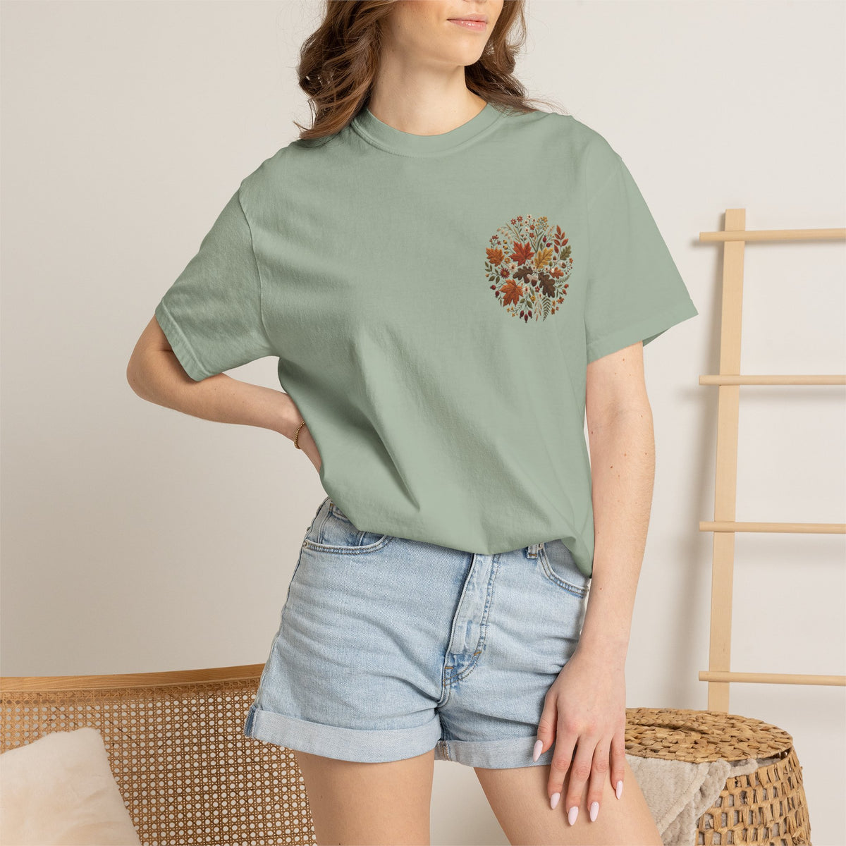 T-Shirt — Autumn Floral Wreath Tee (Fall Leaves Chest & Back Print)