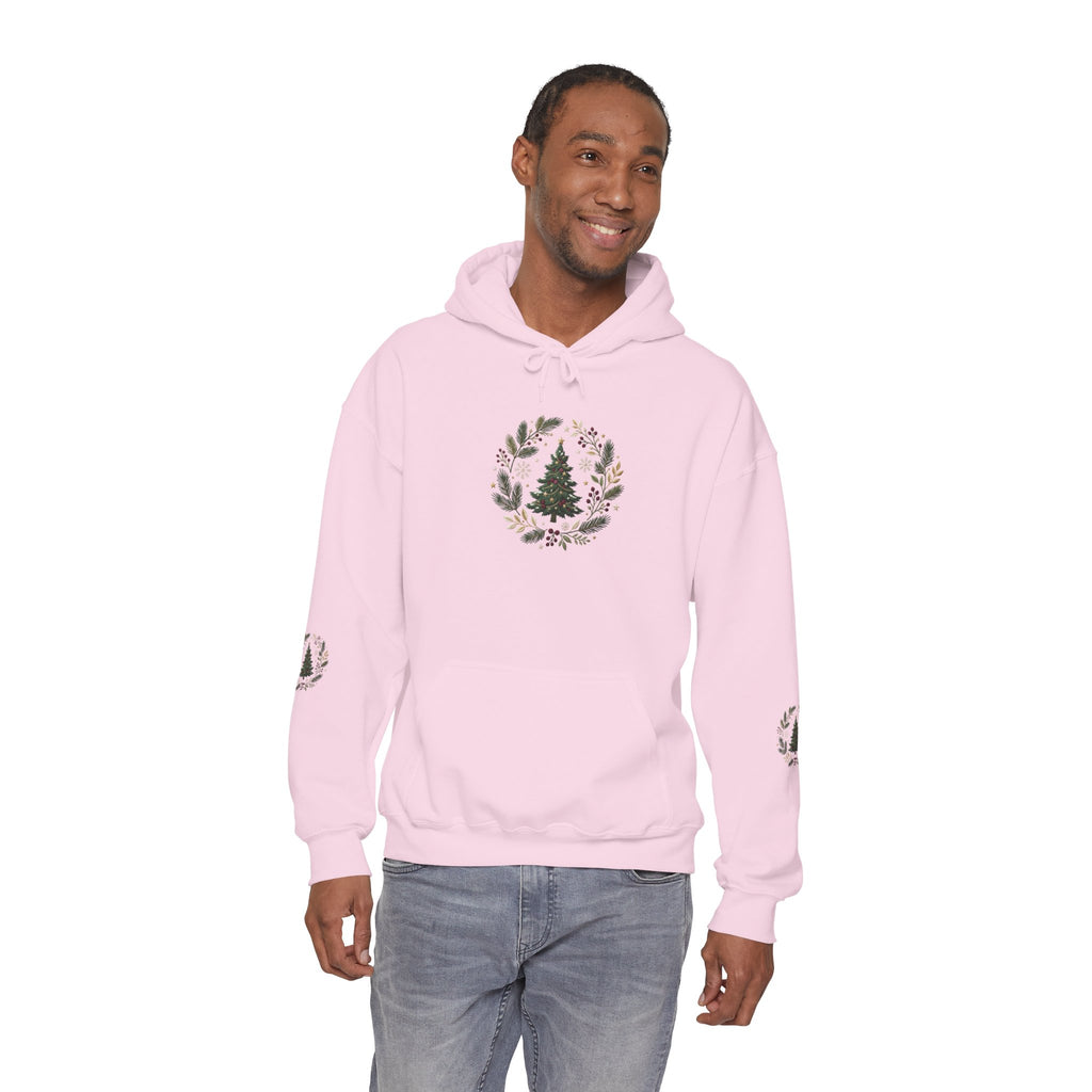 Christmas Tree Wreath Hoodie — Festive Botanical Sweatshirt, 50/50 Cotton-Poly, Unisex