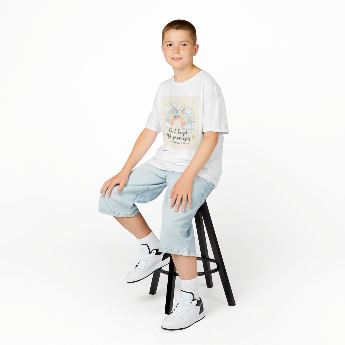 Christian Kids T-Shirt — "God Keeps His Promises" Rainbow Dove Tee | Psalm 145:13