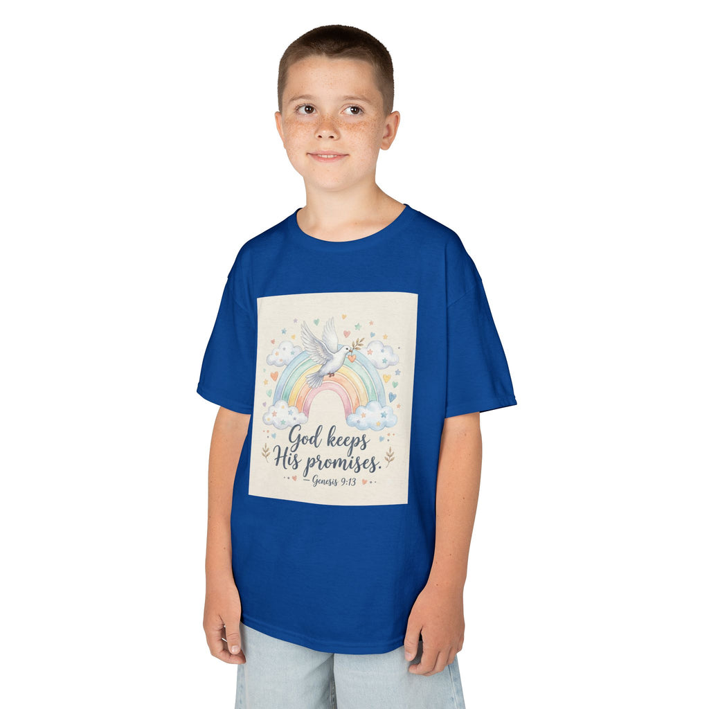 Christian Kids T-Shirt — "God Keeps His Promises" Rainbow Dove Tee | Psalm 145:13