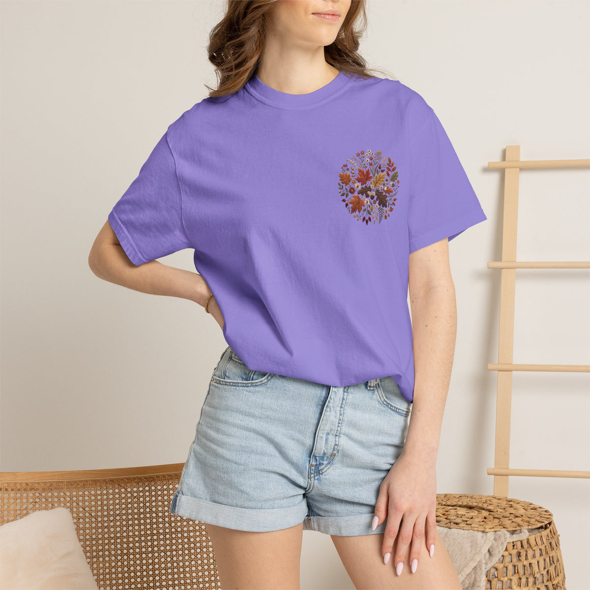T-Shirt — Autumn Floral Wreath Tee (Fall Leaves Chest & Back Print)