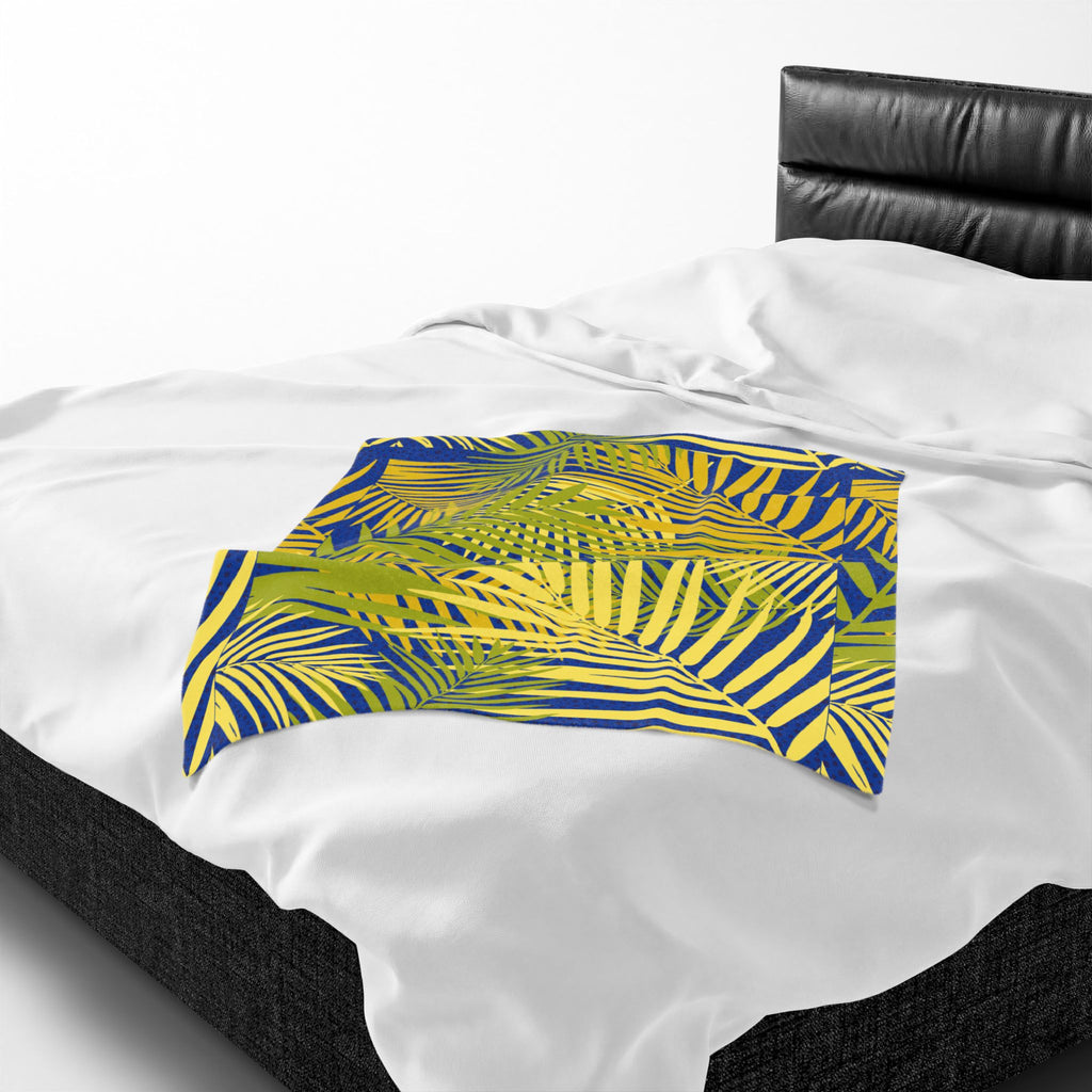Tropical Palm Velveteen Plush Blanket — Blue & Yellow Leaf Throw