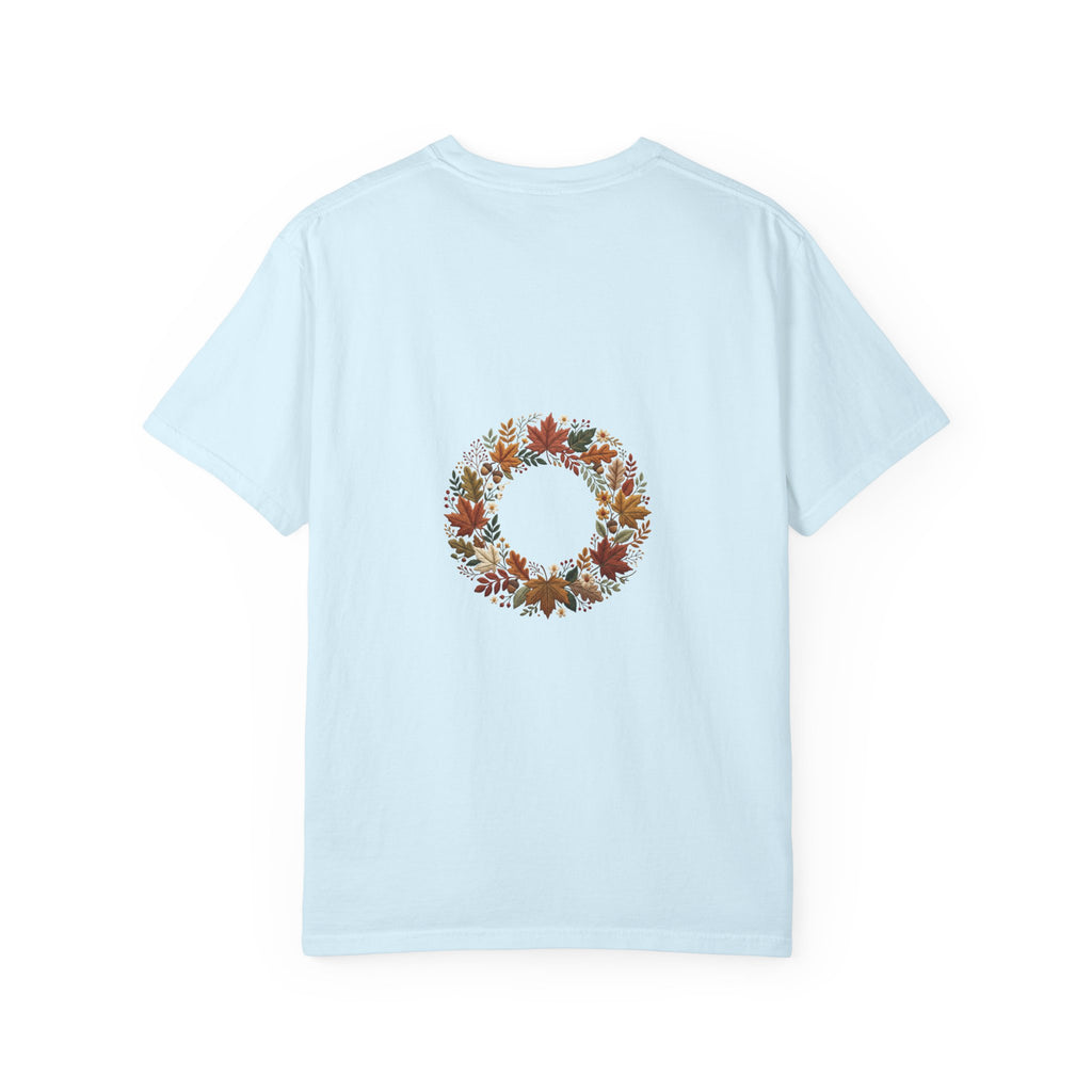 T-Shirt — Autumn Floral Wreath Tee (Fall Leaves Chest & Back Print)