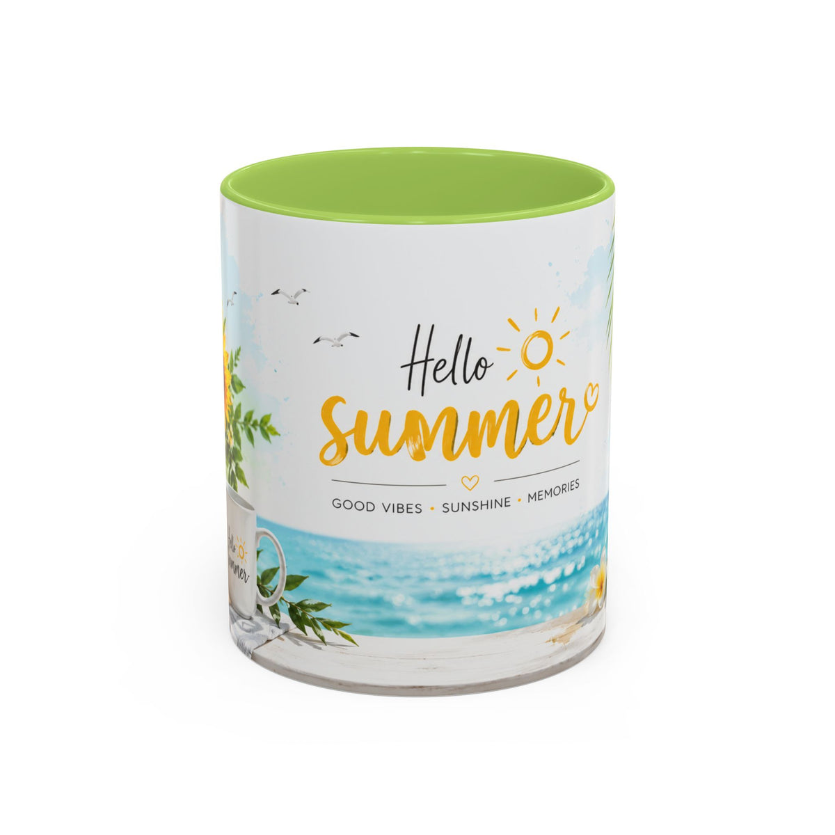 Hello Summer Accent Coffee Mug — Beach Vibes Lemon Palm Coastal Ceramic Mug (11/15oz)