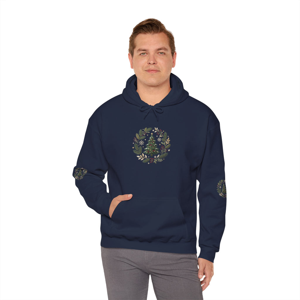 Christmas Tree Wreath Hoodie — Festive Botanical Sweatshirt, 50/50 Cotton-Poly, Unisex