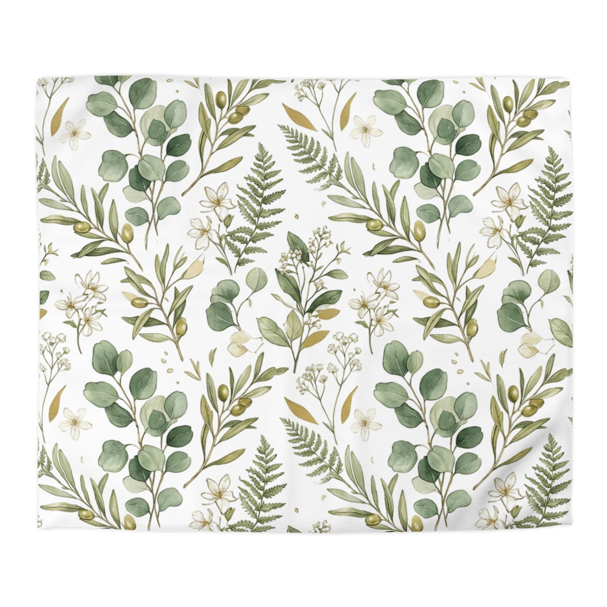Botanical Eucalyptus Duvet Cover — Green Fern & Floral Microfiber Bedding