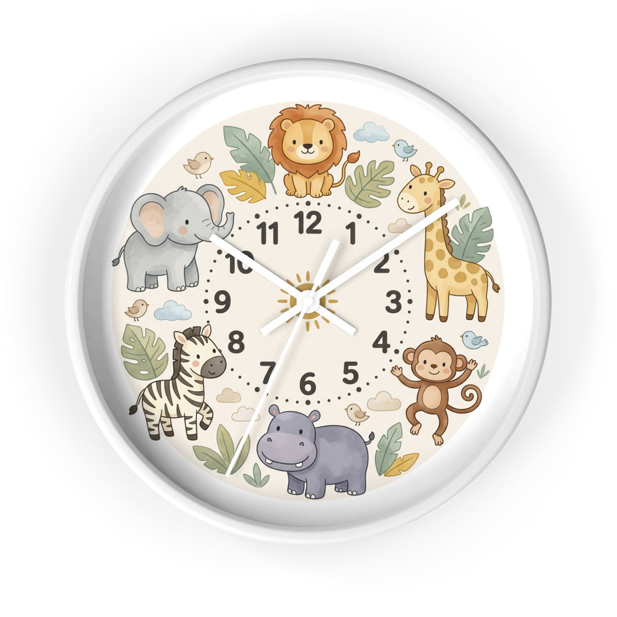 Safari Friends Nursery Wall Clock — Cute Jungle Animal Kids Clock