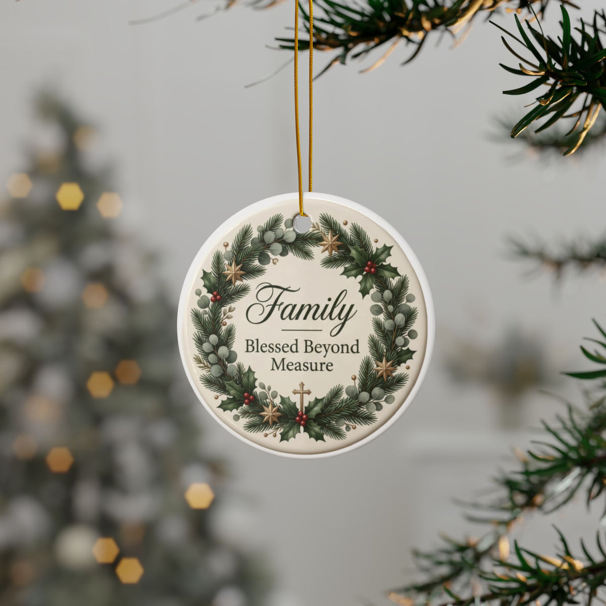 Family Christmas Ceramic Ornament — Blessed Beyond Measure Wreath, Double-Sided Glossy Holiday Decoration