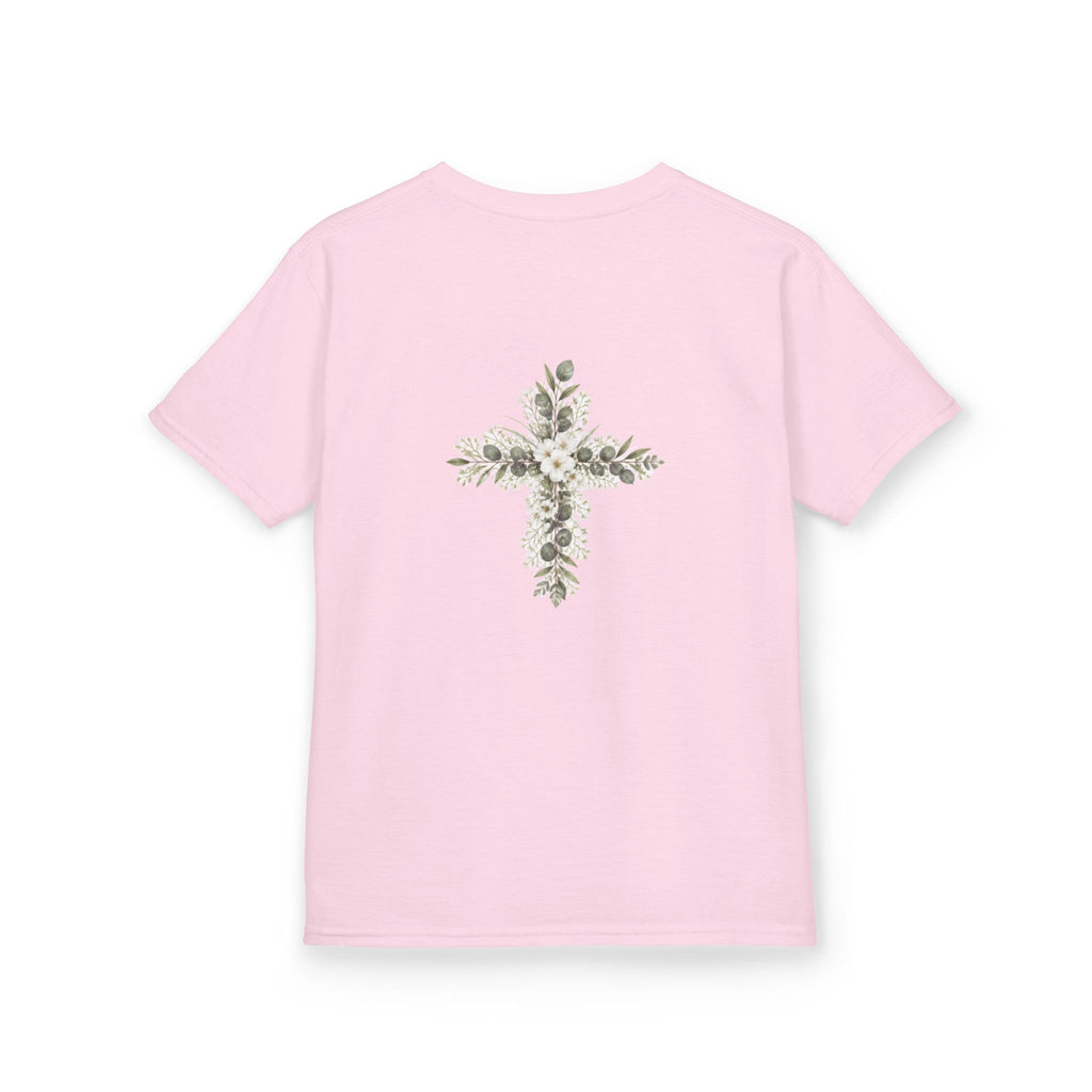 Kids Tee — Floral Cross “Faith” Christian Shirt for Children (Easter, Baptism, Church)