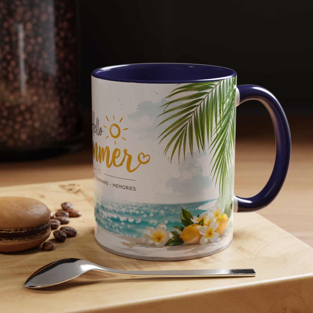 Hello Summer Accent Coffee Mug — Beach Vibes Lemon Palm Coastal Ceramic Mug (11/15oz)