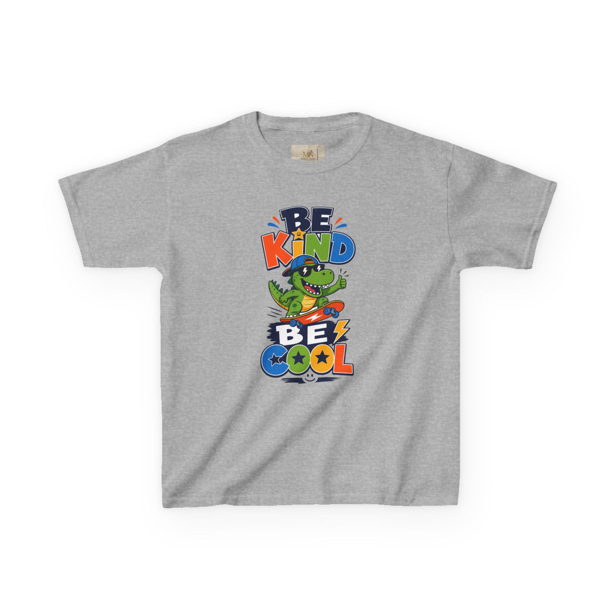 Kids Tee — "Be Kind, Be Cool" Dinosaur Graphic with "Shine Bright" Back